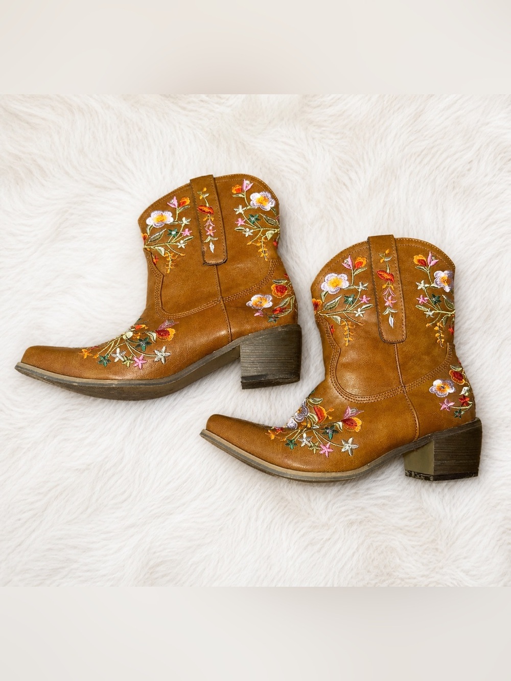 Embroidered Western Ankle Boots Size 6.5 (37) Brown Floral Cowboy Booties Boho - Picture 4 of 6